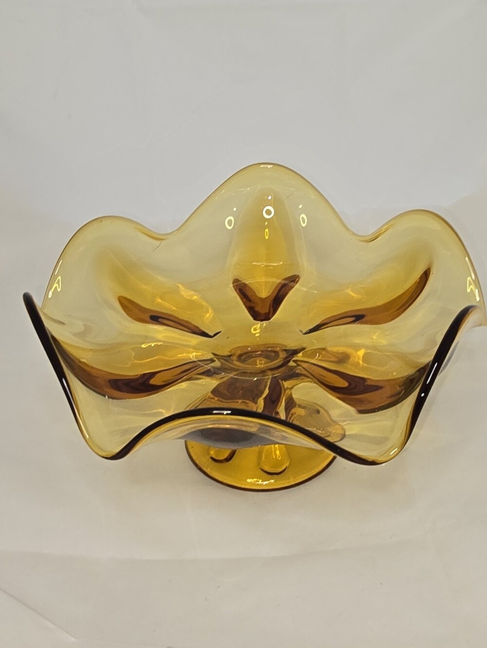 Vintage MCM Viking Epic Glass Amber 6 Petal Footed Pedestal Compote Candy Dish